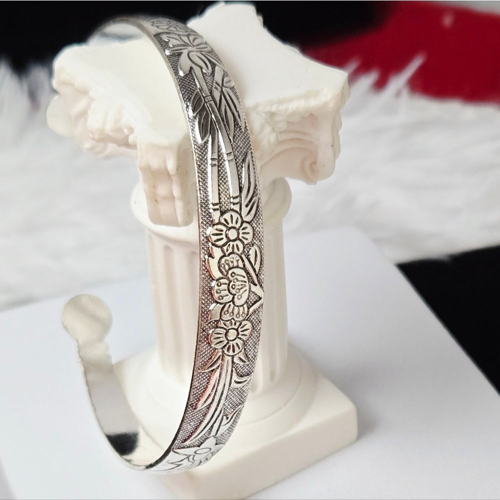 Cherry Blossom Bamboo Engraved Silver Stainless Steel Open Bangle Bracelet Cuff